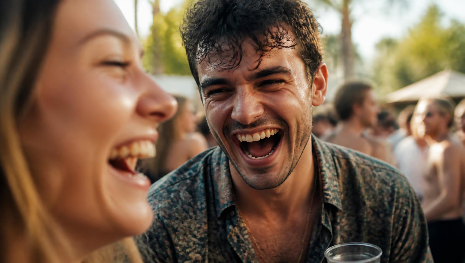 Two people laughing together at an outdoor party
